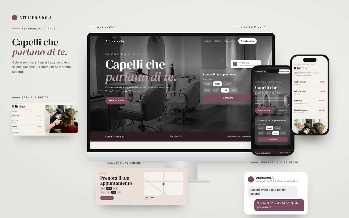 Tavola di presentazione del sito demo Atelier Viola: computer, telefono e sezioni