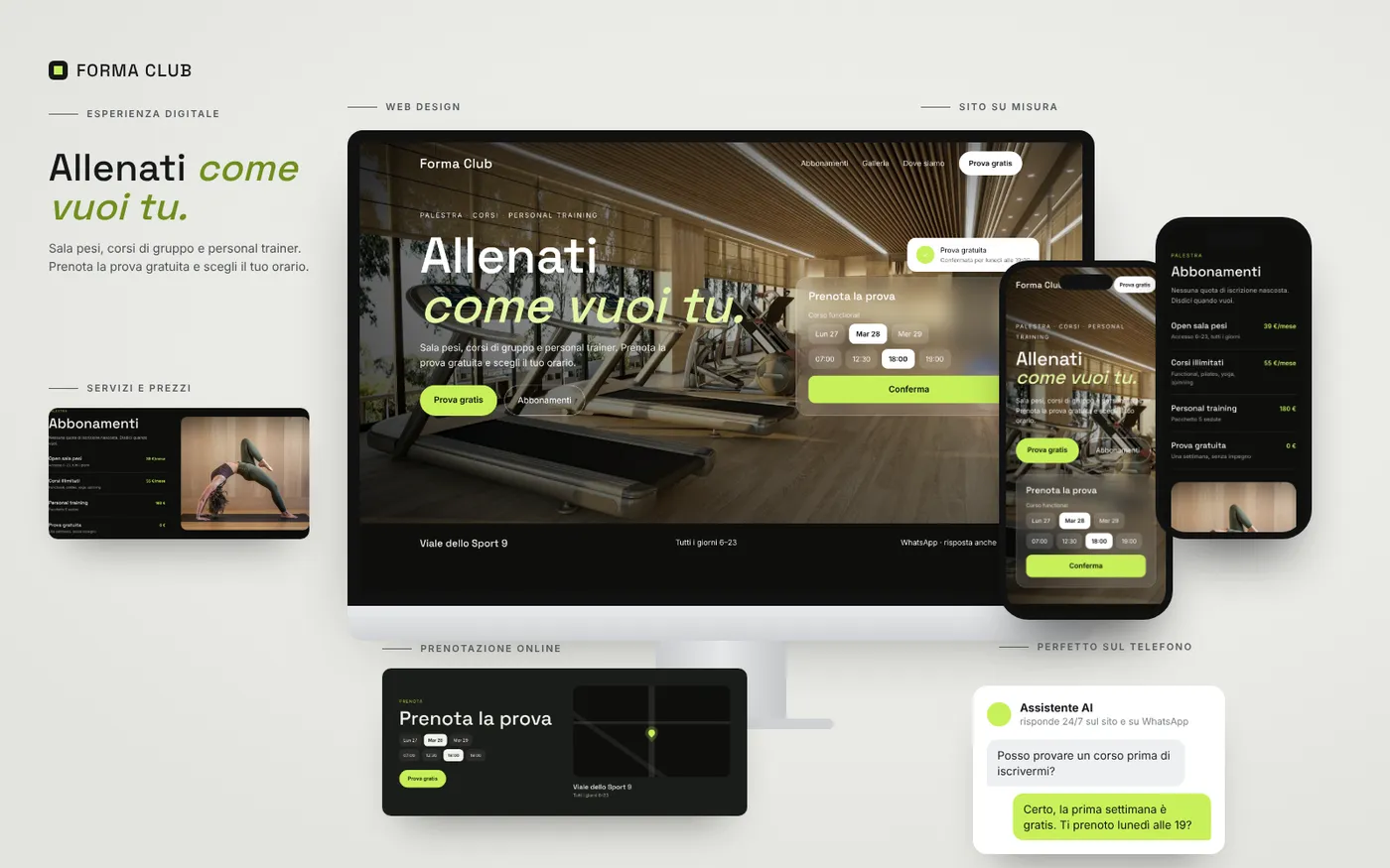 Tavola di presentazione del sito demo Forma Club: computer, telefono e sezioni
