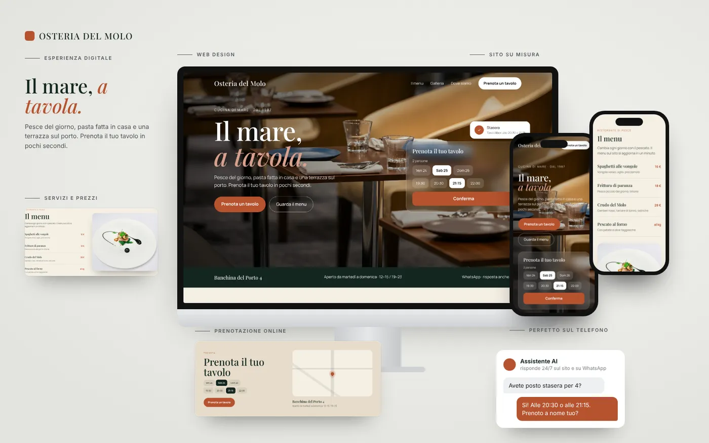 Tavola di presentazione del sito demo Osteria del Molo: computer, telefono e sezioni