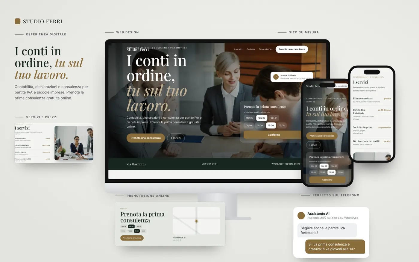 Tavola di presentazione del sito demo Studio Ferri: computer, telefono e sezioni
