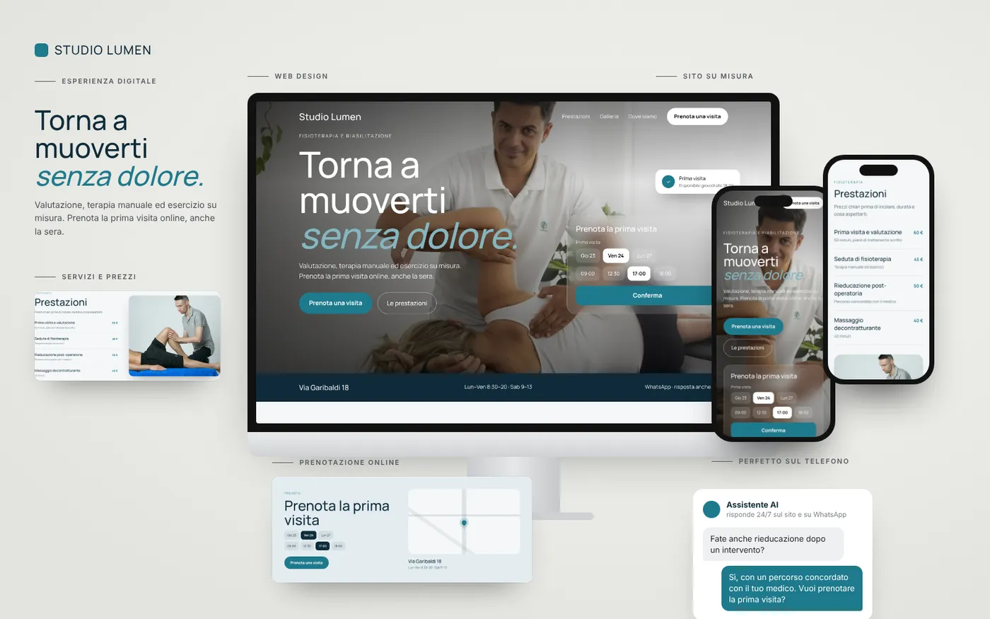 Tavola di presentazione del sito demo Studio Lumen: computer, telefono e sezioni